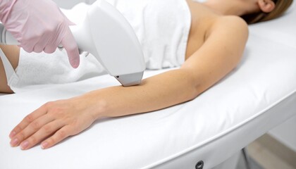 Naklejka premium Laser hair removal treatment on woman arm. The woman arm laid on a white table and the person who wear pink glove holding laser device 