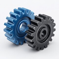 Two interlocking gears one blue and one dark gray symbolizing connection and teamwork isolated on white background