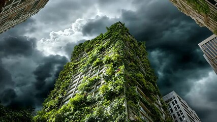 Urban Apocalypse: Overgrown City Buildings Under a Stormy Sky, Nature reclaiming the cityscape - Powered by Adobe