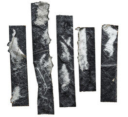 transparent adhesive tape or strips isolated with ripped paper remain, crumpled plastic sticky snips, poster design overlays or elements.