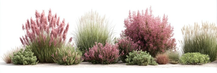 A diverse collection of pink, beige, and green ornamental grasses and shrubs arranged in a horizontal row against a white background