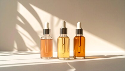 Naklejka premium Three different colored bottles, each with a dropper inside. The bottles are standing on a flat surface, with the shadow of leaves and branch.