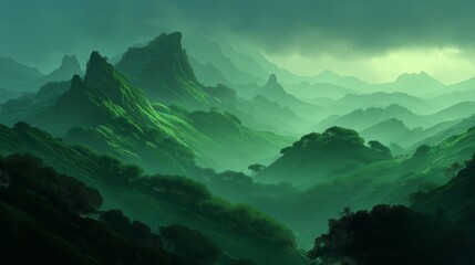 Lush Green Forest and Mountain Landscape Digital Art.