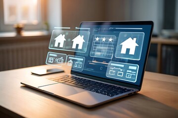 Modern laptop displaying a futuristic holographic interface with icons for real estate finance and business analytics suggesting digital transformation and smart technology