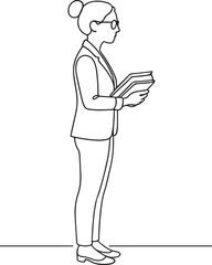 Teacher Holding Books Standing Line Drawing on White Background
