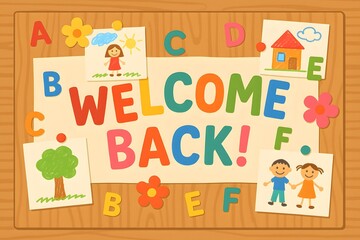 Colorful Classroom Welcome Bulletin Board with Student Drawings and Alphabet Letters on Wood Background