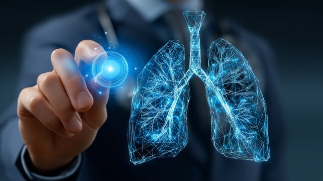 Male Doctor Using Holographic Lung Diagnostic Screen. - Powered by Adobe