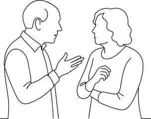 Senior Man and Woman Talking Together Line Drawing Illustration