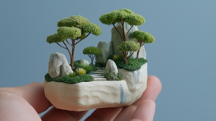 Miniature Bonsai Tree Landscape in Hand.