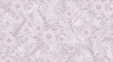 Gentle floral pattern with daisy flowers and leaves in a soft lavender color scheme aesthetic design