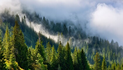 landscape forested mountain slope in low lying cloud with the evergreen conifers shrouded in mist tatra national park poland europe © Preston