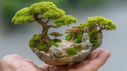 Miniature Bonsai Tree Landscape in Hand.