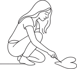 Woman Drawing Heart on Sand Line Drawing Illustration
