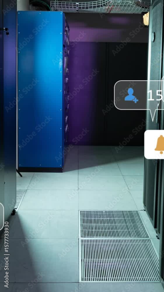 Poster social media icons and notifications processing data over computer server room