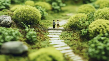 Miniature Couple Walking on Grassy Path.