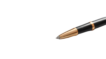 Close up shot of a TRANSPARENT and gold pen with a silver tip against a TRANSPARENT background in a studio shot