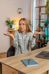 I dont know what to say. Confused woman feeling embarrassed about ambiguous question, having...