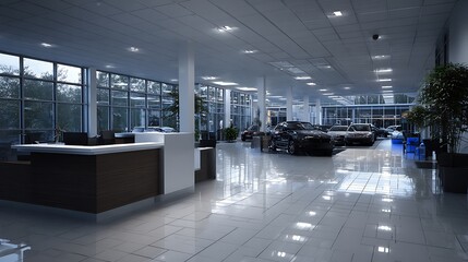 Interior view of a car dealership showroom with cars on display and large windows providing natural light