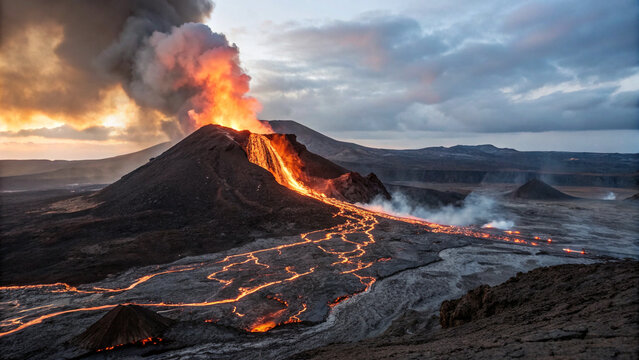 Landscape photo of volcano eruption, lava erupts from crater