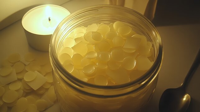 Elegant Jar Filled with Natural Wax Beads and Soft Candle Glow