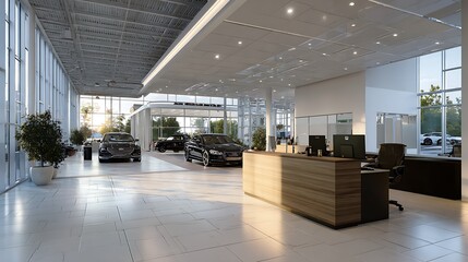 Interior view of a modern car dealership showroom with several vehicles displayed inside the space