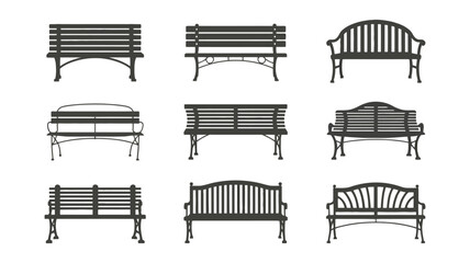Bench Collection Silhouettes, Park Benches in Various Styles on Transparent Background