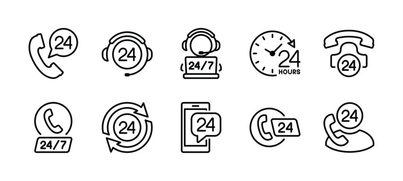 24 hour phone call service icon set. Contains help center, assistance, support, contact us, calling, operator, consultation, communication, time work, hot line, assistant. Vector illustration