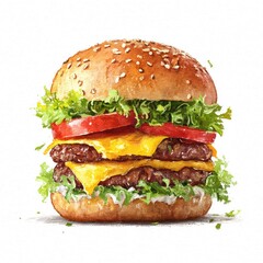 Juicy double cheeseburger with sesame seed bun, lettuce, tomato, and melted cheese