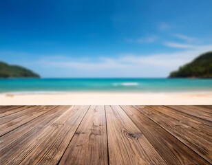 Fototapeta premium empty wooden planks with blur beach and sea on background