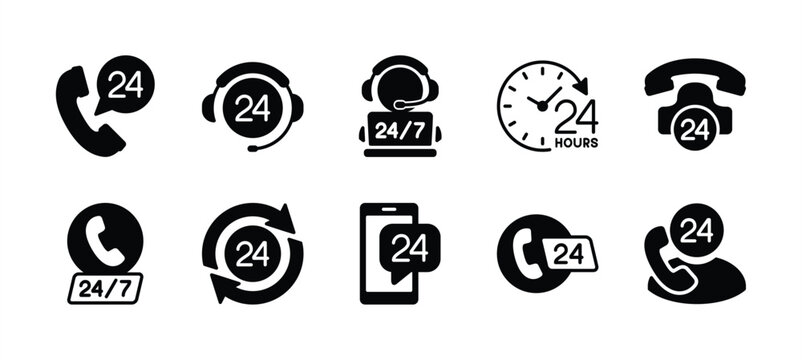 24 hour phone call service icon vector set. Contains help center, assistance, support, contact us, calling, operator, consultation, communication, time work, hot line, assistant. Illustration