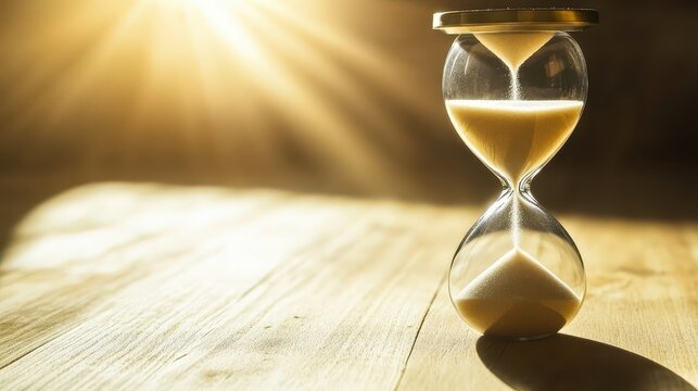 Elegant Hourglass on Wooden Surface with Dramatic Sunlight Backdrop