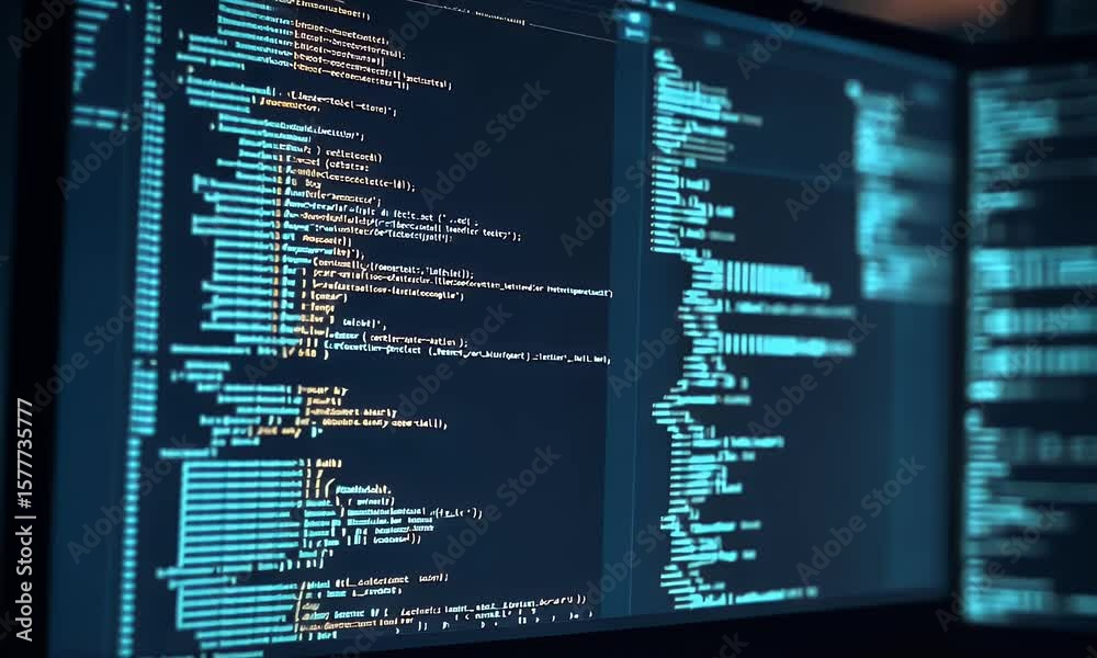 Poster a computer screen displaying lines of code, representing the software development process and coding