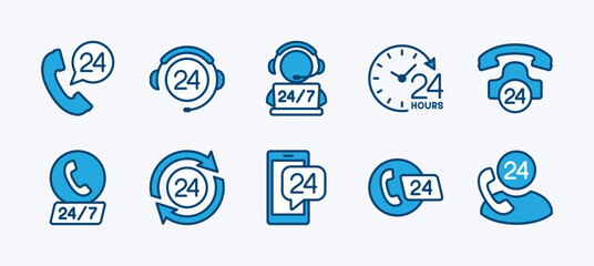 Set of 24 hour phone call service icon. Contains help center, assistance, support, contact us, calling, operator, consultation, communication, time work, hot line, assistant. Vector illustration