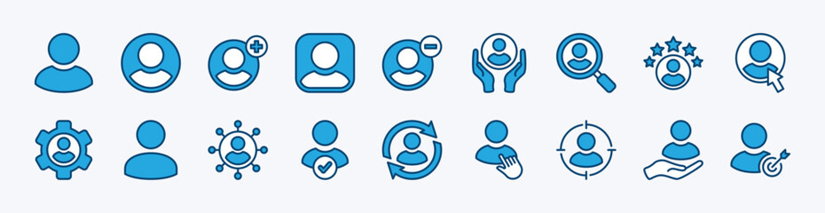 Set of user icon. Contains add, delete, searching, rating, click, settings, connection, official, target, replacement, and skill of people, person, human, avatar, profile, account identity, member