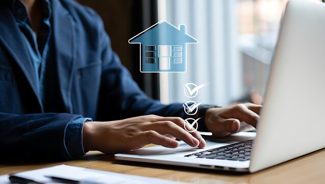 Person in a blue suit using a laptop with a digital house icon and checkmarks indicating completion of tasks or a successful process
