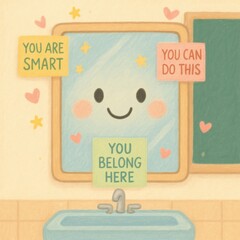 Smiling Mirror with Affirmations Above Classroom Sink - You Are Smart, You Can Do This, You Belong Here - Pastel Illustration with Hearts and Star