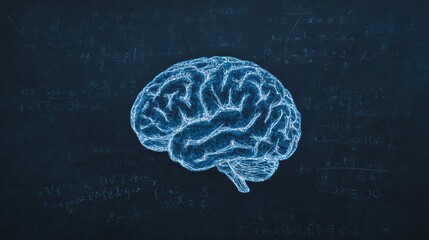 A glowing blue digital illustration of a human brain with mathematical equations faintly visible in the background on a dark surface.