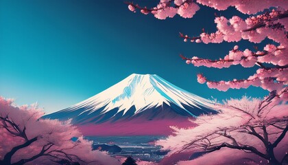 a mountain with snow on it and pink cherry blossoms in the foreground