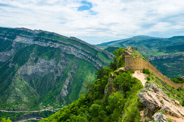 Picturesque mountain landscape with a photofacility tower of the Russian fortress in Gunib. Dagestan, Caucasus