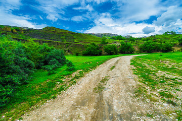 Beautiful mountain landscape with dirt road. Dagestan, Caucasus