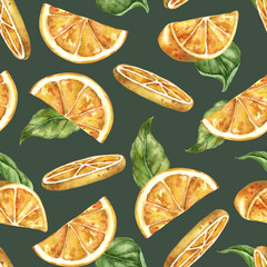 Watercolor seamless background lemons with leaves and flowers whole fruit on dusty blue green handmade wet textured kraft effect