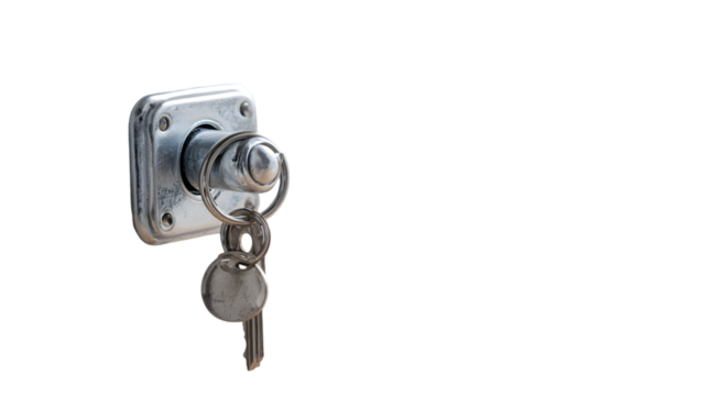 Close up of a metal lock with keys attached to a ring against a dark TRANSPARENT background in a studio shot