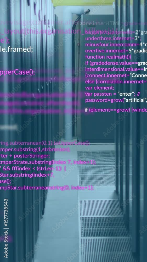 Poster animation of multicolored computer language over data server racks in server room