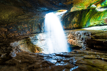 Amazing underground Saltinsky waterfall in the Caucasus Mountains. Dagestan