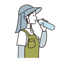 熱中症対策でペットボトルの水を飲む農作業の女性　シンプルなイラスト