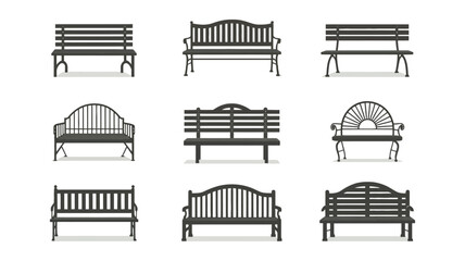 Collection of Nine Varied Designs of Gray Park Benches on White Background