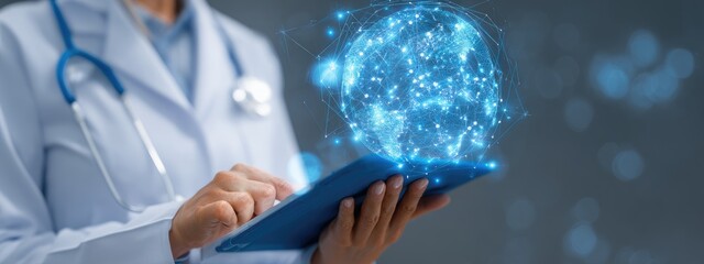 Female doctor with medical file  on cloud tech background for healthcare promotion