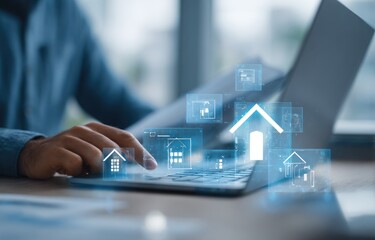 Person with AI laptop, virtual houses and documents for real estate tech operations