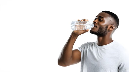 A young man drinking water from a bottle, clean white background