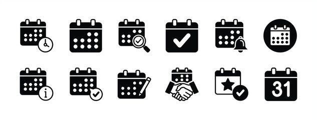Appointment calendar schedule icon vector set. Contains date, plan, booking management, time reminder, meeting, information, checkmark, reservation, planner, notice, agenda. Illustration